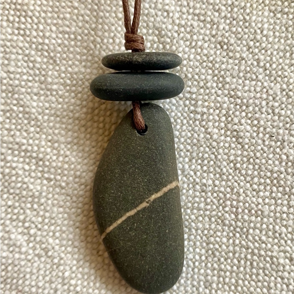 Gray Stone Pendant Necklace with Brown Cord